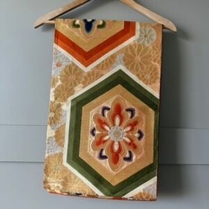 Vintage Japanese Fukuro‎ Obi Silk Kikko Floral Gold Brocade Sash Hexagon Belt